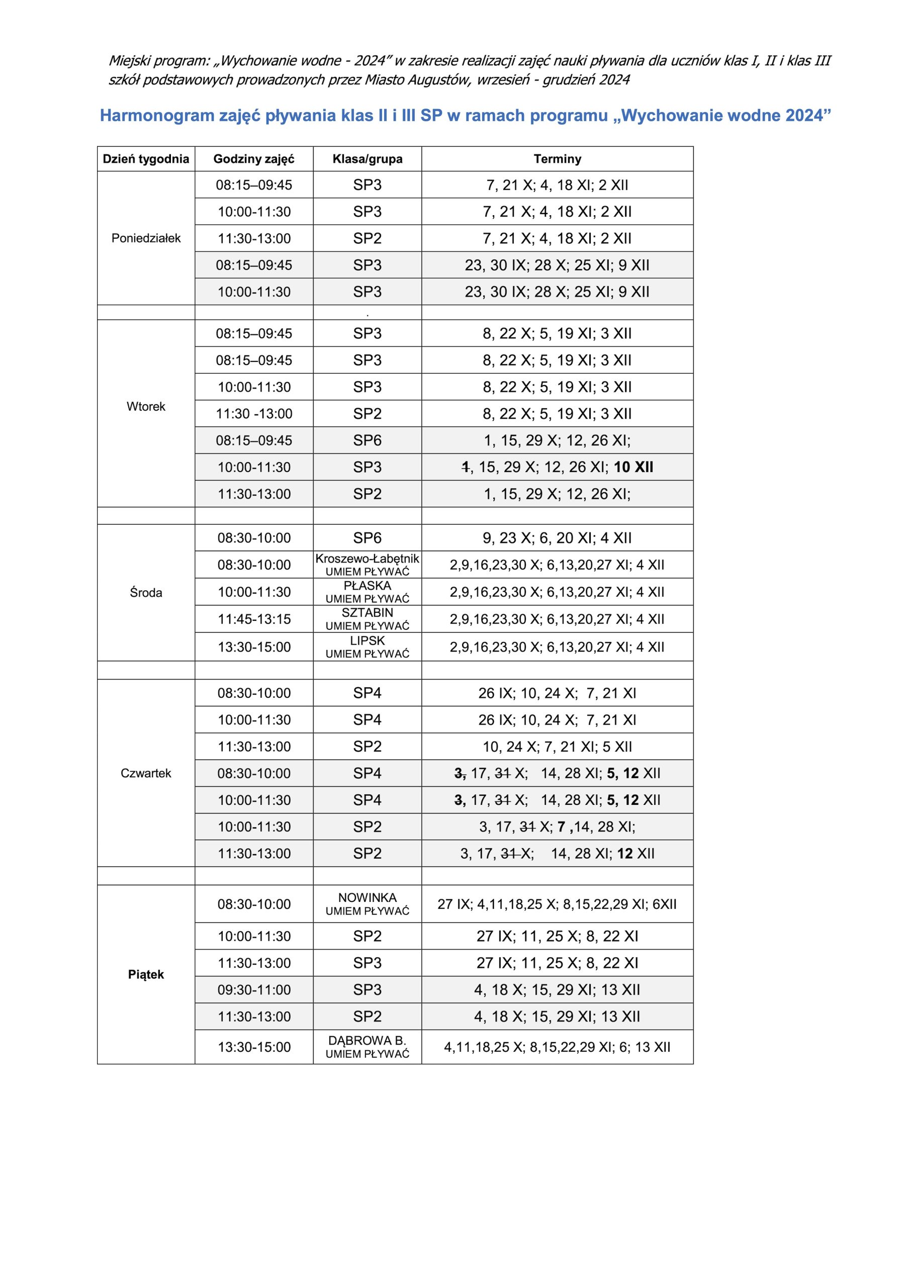 Harmonogram klas II i III SP 2024 wrzesień-grudzień 2024