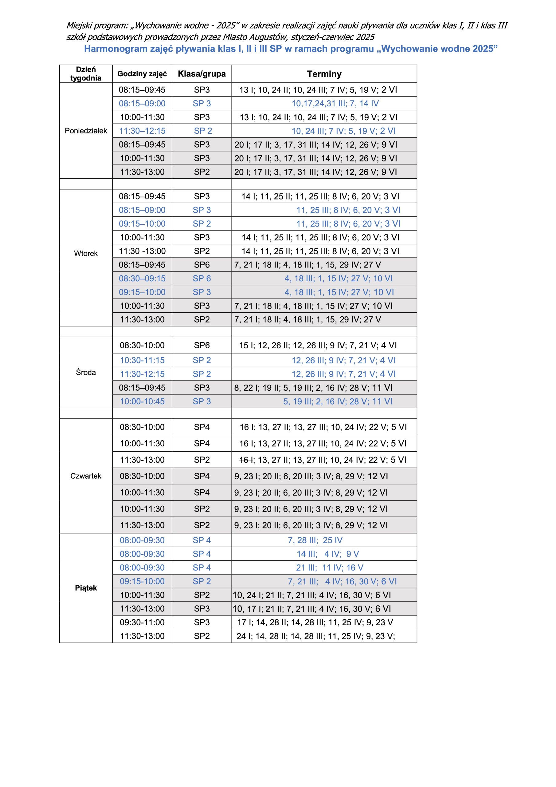 Grafik zajęć klas I - III SP MARZEC-CZERWIEC 2025